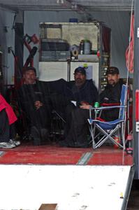 Waiting out the rain inside one of the transporters