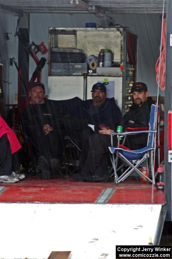 Waiting out the rain inside one of the transporters