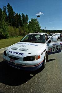 John Buffum / Doug Shepherd Hyundai Elantra  prepares to leave parc expose for day two's stages.