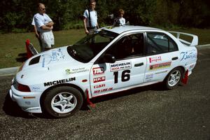 David Summerbell / Mike Fennell Mitubishi Lancer Evo IV  prepares to leave parc expose for day two's stages.