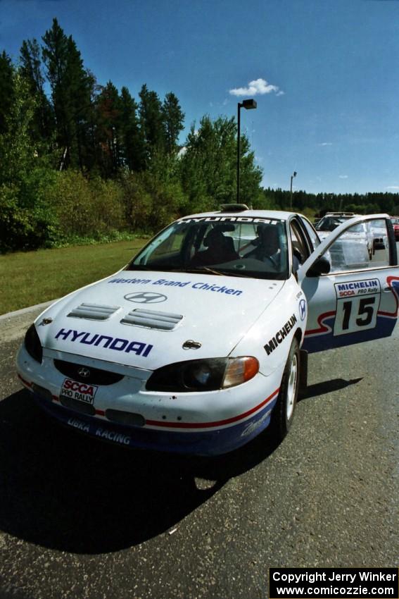 John Buffum / Doug Shepherd Hyundai Elantra  prepares to leave parc expose for day two's stages.