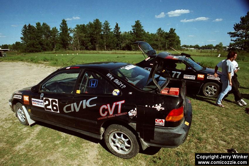 The Jay Kowalik / Scott Embree Honda Civic CVT and Bryan Hourt / Pete Cardimen Honda Civic at service.