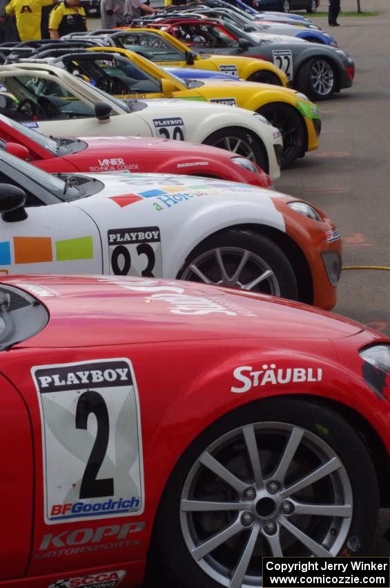 Mazda MX-5s lined up for Saturday morning practice