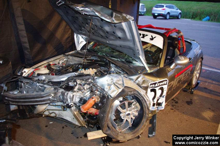 Kevin Kopp's Mazda MX-5 impacted the barrier at turn 12 after losing its brakes