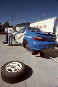 The Paul Choinere / Jeff Becker Hyundai Tiburon is prepped for the stages on day two.