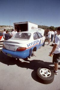 The Noel Lawler / Charles Bradley Hyundai Elantra is prepped before day two of the rally.