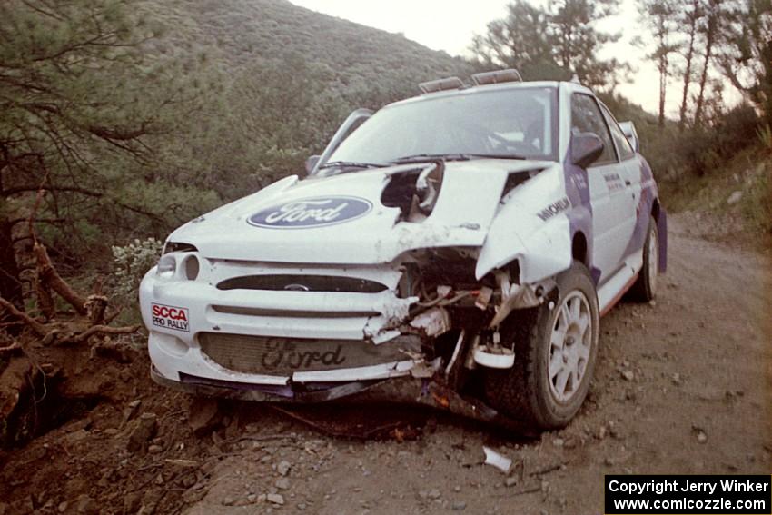 Carl Merrill / Lance Smith Ford Escort Cosworth RS as it rested hours after the events on SS1.