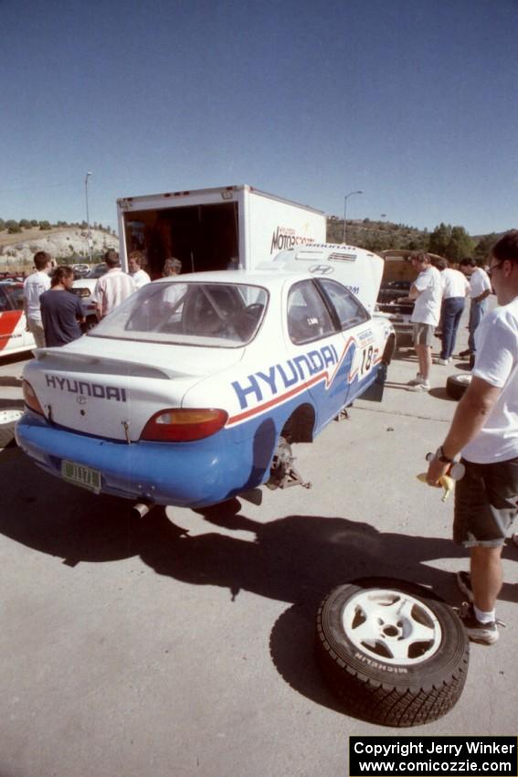 The Noel Lawler / Charles Bradley Hyundai Elantra is prepped before day two of the rally.