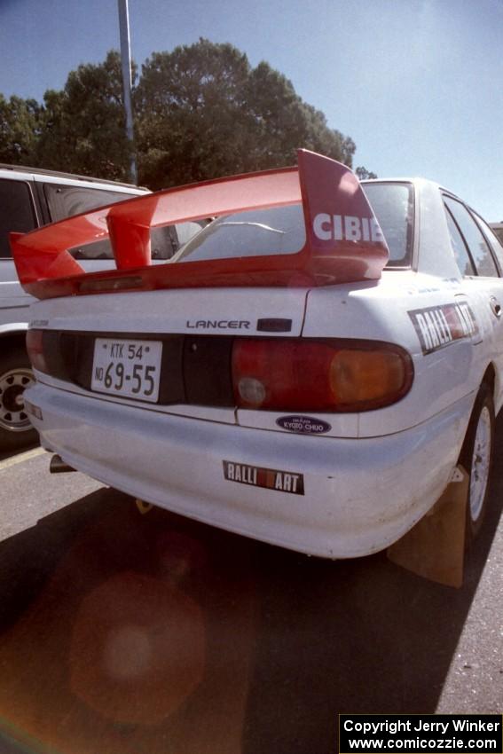 The Tony Takaori / Ken Cassidy Mitsubishi Lancer Evo III before day two stages.