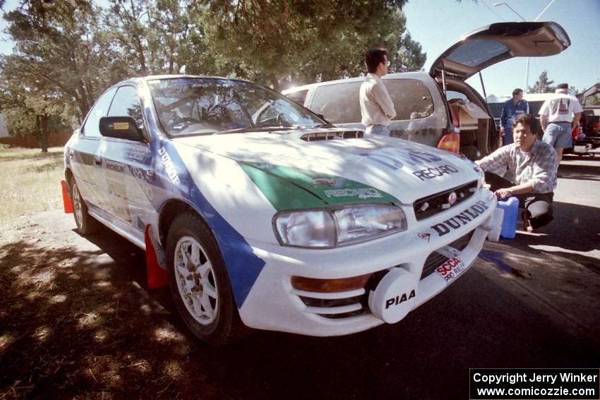 The Group A Subaru Impreza of Hiroyuki Genta / Kazmasa Takata before the start of day two of the rally.