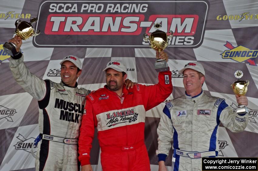 Trans-Am podium L to R): Tomy Drissi, Tony Ave and Simon Gregg