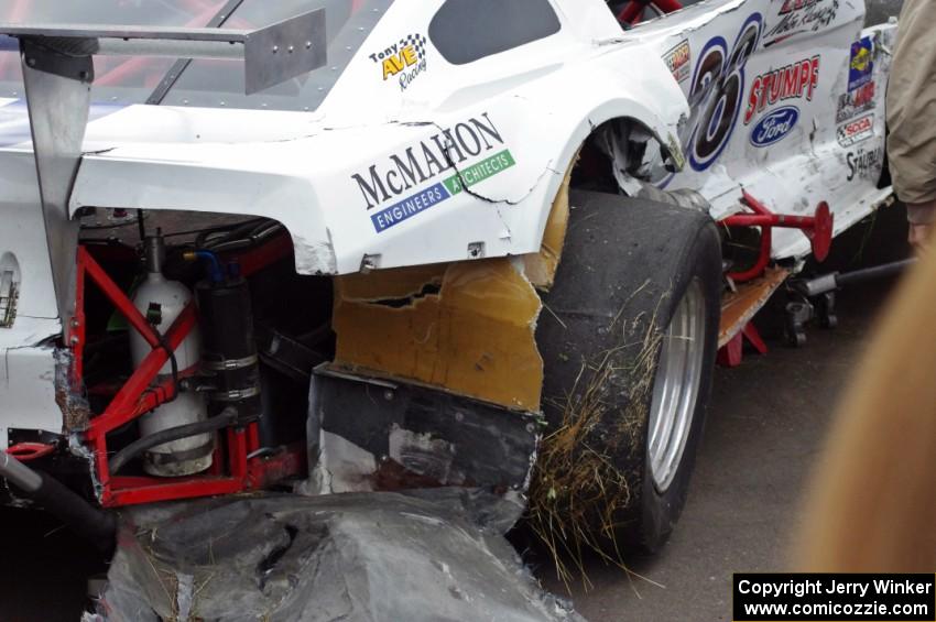 Damage to Cliff Ebben's Ford Mustang after a wreck on lap one