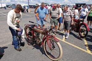 Ron Gardas, Jr.'s 1912 Indian motorcycle with Ron Gardas' 1911 Indian motorcycle in the background