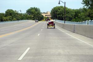 Gene Grengs' 1910 Stanley Steamer crosses the Camden bridge