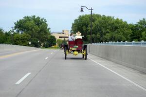 Gene Grengs' 1910 Stanley Steamer crosses the Camden bridge