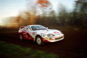 Ralph Kosmides / Joe Noyes Toyota Supra Turbo at speed on the practice stage.