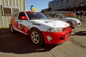 David Summerbell / Michael Fennell Mitsubishi Lancer Evo II at parc expose outside Dee Stadium.