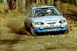 Noel Lawler / Charles Bradley Hyundai Elantra at speed near the flying finish of SS1, Beacon Hill.