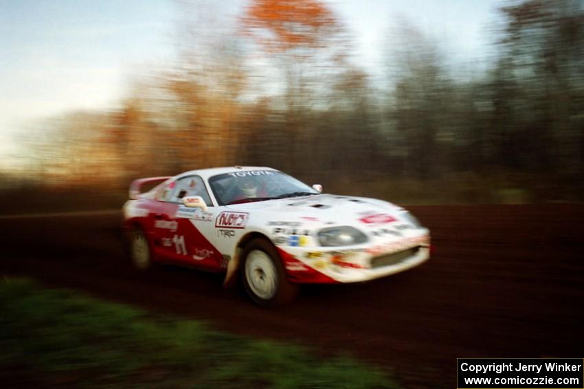 Ralph Kosmides / Joe Noyes Toyota Supra Turbo at speed on the practice stage.