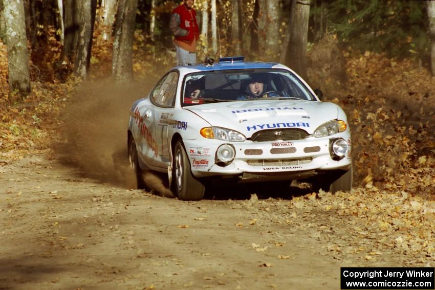 Paul Choiniere / Jeff Becker Hyundai Tiburon at speed near the flying finish of SS1, Beacon Hill.