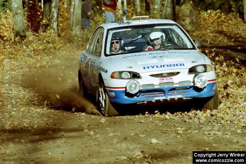 Noel Lawler / Charles Bradley Hyundai Elantra at speed near the flying finish of SS1, Beacon Hill.