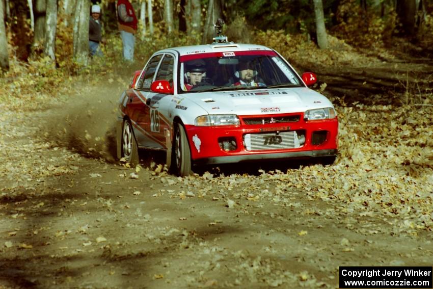 David Summerbell / Michael Fennell Mitsubishi Lancer Evo II  at speed near the flying finish of SS1, Beacon Hill.