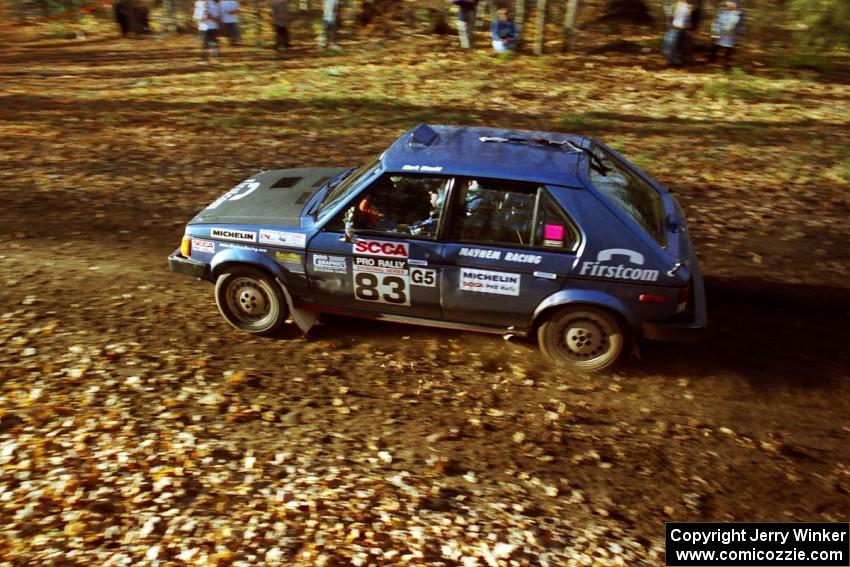 Mark Utecht / Brenda Corneliusen Dodge Omni GLH-Turbo near the flying finish of SS1, Beacon Hill.