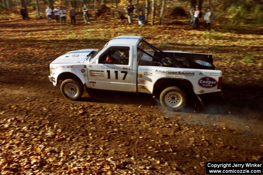 Ken Stewart / Jim Dale Chevy S-10 belches smoke near the flying finish of SS1, Beacon Hill.