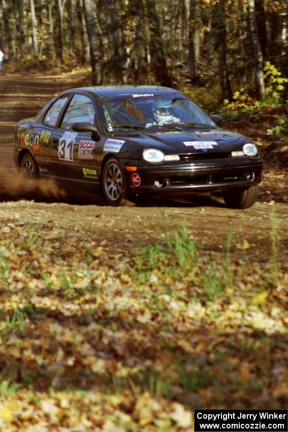 Evan Moen / Ron Moen Plymouth Neon near the flying finish of SS1, Beacon Hill.