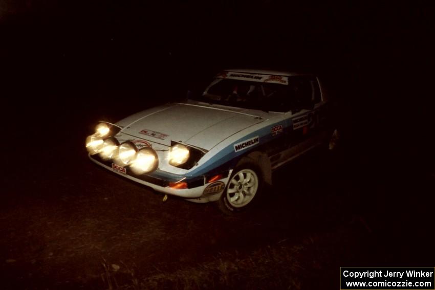 Mike Hurst / Rob Bohn Mazda RX-7 at a 90-left on SS3, Far Point I.