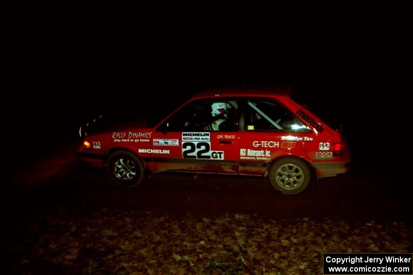 Gail Truess / Pattie Hughes Mazda 323GTX comes into the flying finish of SS10, Fuller Lake.