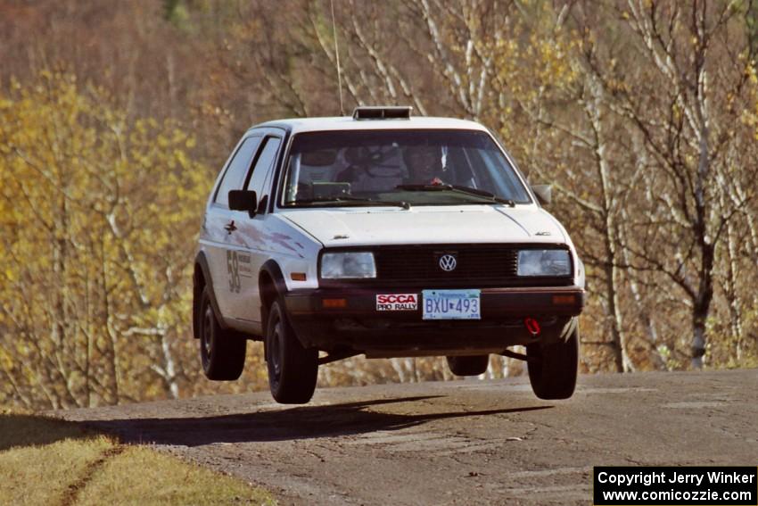 Bob Nielsen / Brett Corneliusen VW GTI catches nice air at the final yump on SS13, Brockway I.