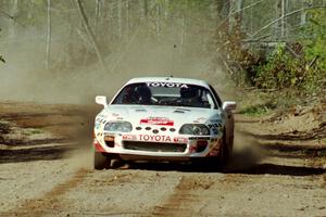 Ralph Kosmides / Joe Noyes Toyota Supra Turbo at speed near the finish of SS15, Gratiot Lake II.