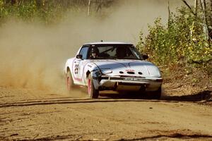 Craig Kazmierczak / Diane Sargent Mazda RX-7 at speed near the finish of SS15, Gratiot Lake II.