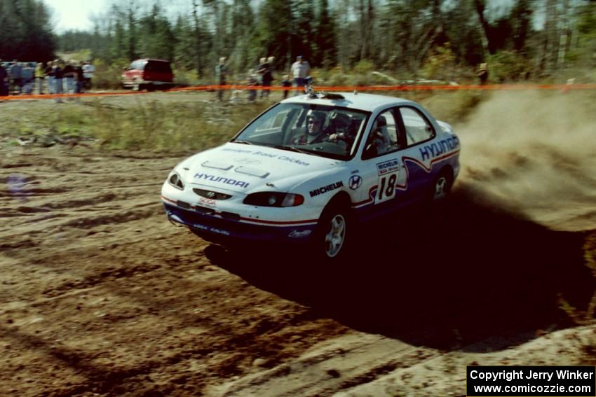 Noel Lawler / Charles Bradley Hyundai Elantra at speed through the spectator corner of SS15, Gratiot Lake II.