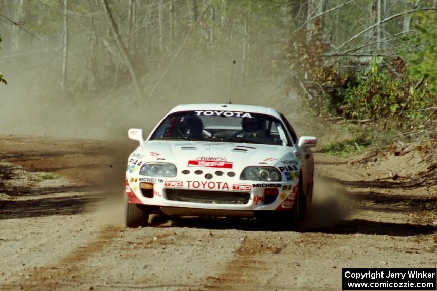 Ralph Kosmides / Joe Noyes Toyota Supra Turbo at speed near the finish of SS15, Gratiot Lake II.