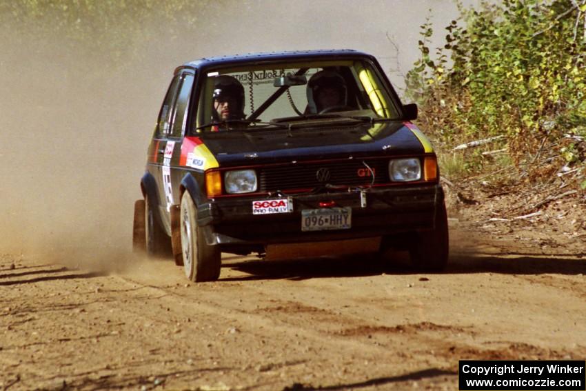 John Adleman / Jason Lajon VW GTI at speed near the finish of SS15, Gratiot Lake II.