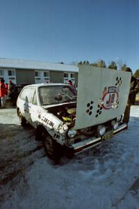 J.B. Niday / Lea Hoffa Ford Fiesta sported damage after missing the finish control on the practice stage the previous day.