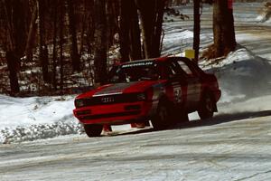 Sylvester Stepniewski / Adam Pelc Audi 4000 Quattro at speed at the SS1 spectator location.