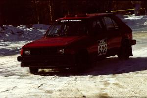 Jon Butts / Gary Butts drift wide at the spectator point on SS1 in their Dodge Omni.