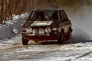 Eric Schroeder / Jeff Secor VW Jetta at speed on the stage just prior to the lunch break.