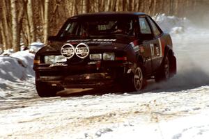 Lynn Dillon / J.B. Lewis push onward with a left-front flat on their Pontiac Sunbird on the stage prior to the lunch break.