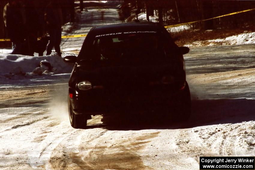 Evan Moen / Ron Moen Plymouth Neon ACR fights for grip at the SS1 spectator location.