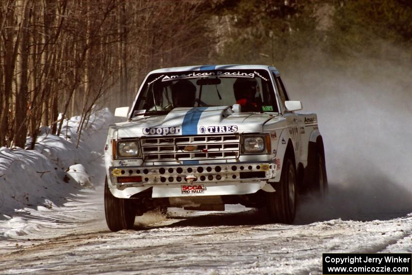 Ken Stewart / Jim Dale at speed in their Chevy S-10 on the stage just before the lunch break.