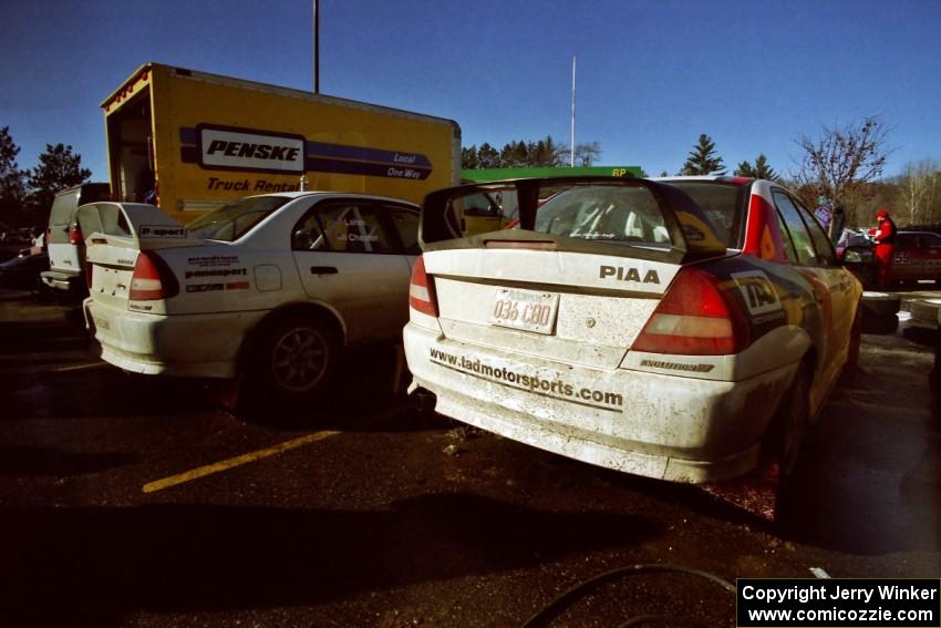 The two TAD Racing Mitsubishi Lancer Evo IVs of Pete Lahm / Matt Chester (L) and Garen Shrader / Doc Shrader (R).