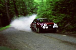 Jon Kemp / Rod Hendricksen Audi 4000 Quattro at speed on the practice stage.