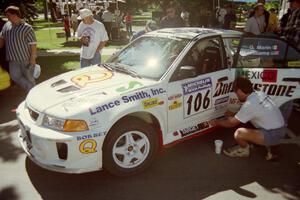 Gabriel Marin-Ortiz / Mark Williams Mitsubishi Lancer Evo V at the green in Wellsboro before the rally.