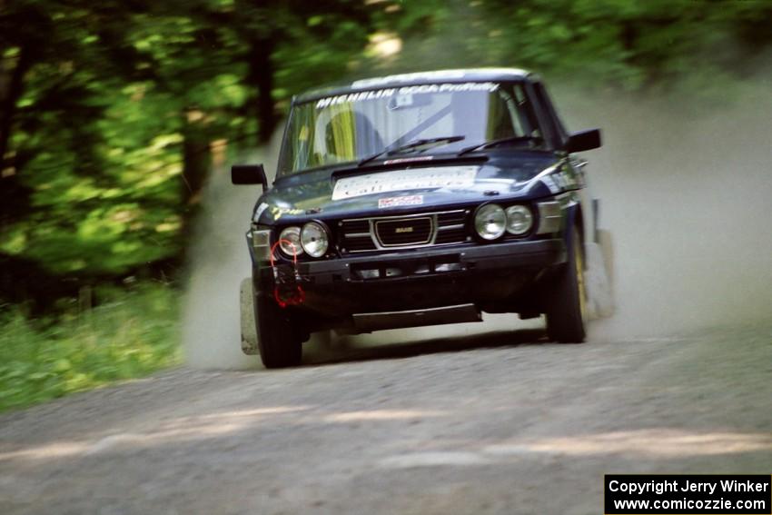 Mike White / Mike Ronan SAAB 99GLI at speed on the practice stage.