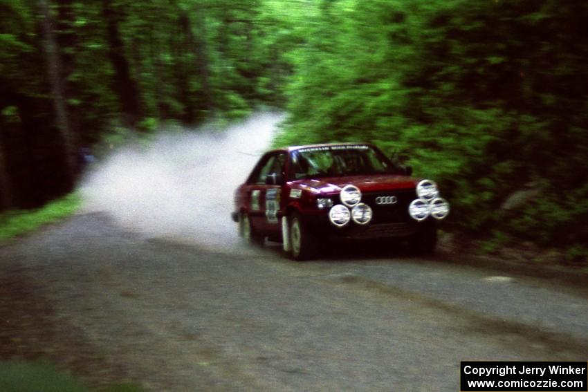 Jon Kemp / Rod Hendricksen Audi 4000 Quattro at speed on the practice stage.