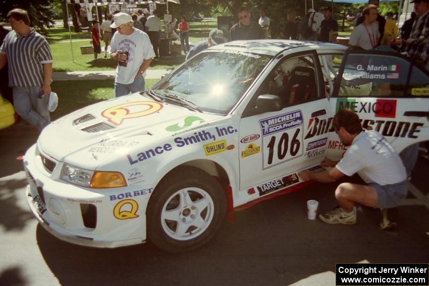 Gabriel Marin-Ortiz / Mark Williams Mitsubishi Lancer Evo V at the green in Wellsboro before the rally.